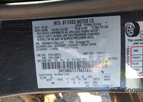 2007 Mercury Milan I4 из США, поврежденный, VIN 3MEHM07Z17R651657